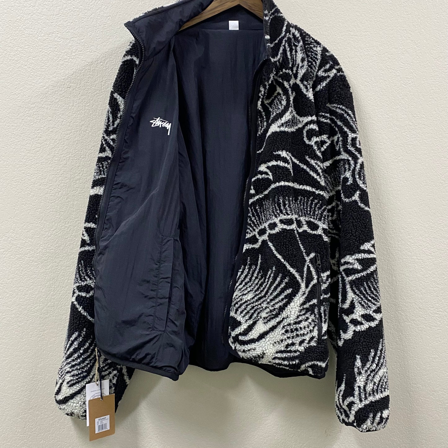 2022 stussy reversible dragon sherpa black zip-up jacket