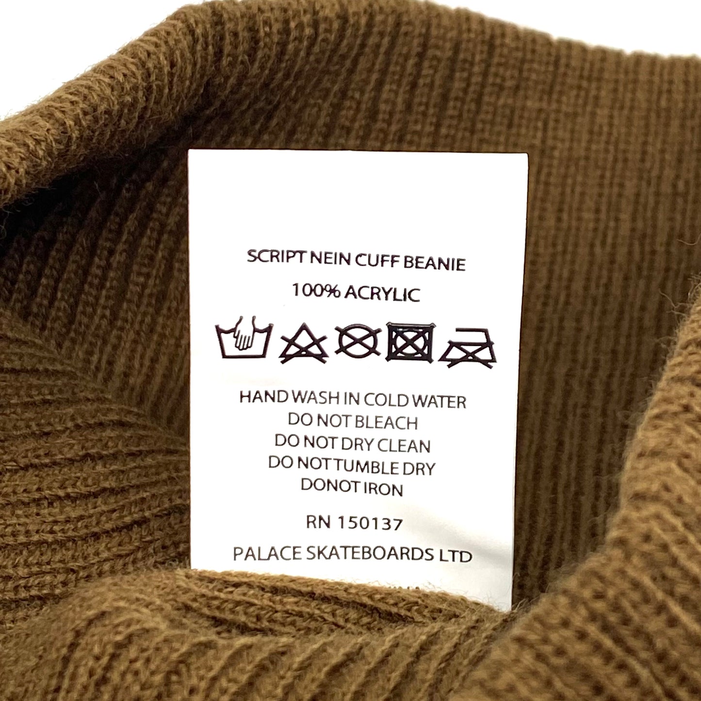 2023 s/s palace script nein cuff brown beanie