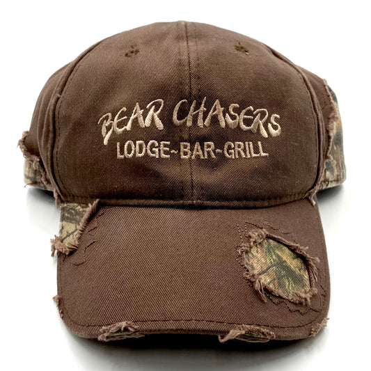 2000’s realtree bear chasers lodge bar & grill distressed frayed velcro strapback hat