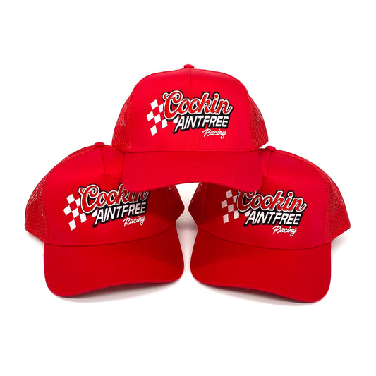 2024 caf racing red 5-panel mesh snapback trucker hat