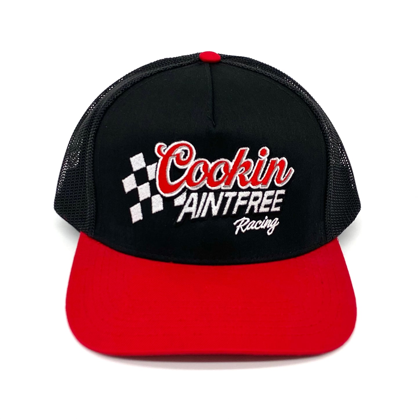 2024 caf racing black/red 5-panel mesh snapback trucker hat